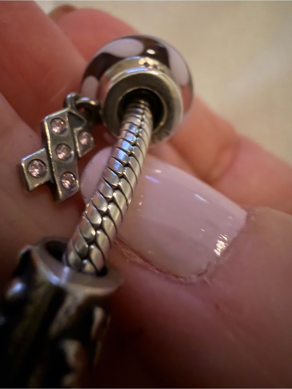 Pandora Sterling Silver Bracelet with Pink and Mauve Murano Glass and Charms - Picture 7 of 11